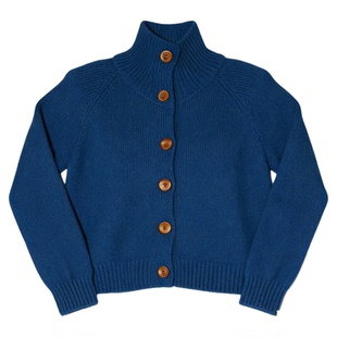 Basic House/百家好蓝色高领毛衣外套女2025冬季新款短款针织开衫