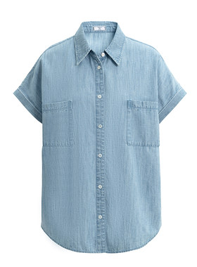 三所vintage牛仔短袖宽松衬衫