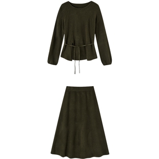 德玛纳静奢风针织套装女25冬季新款圆领系带上衣松紧腰半裙两件套