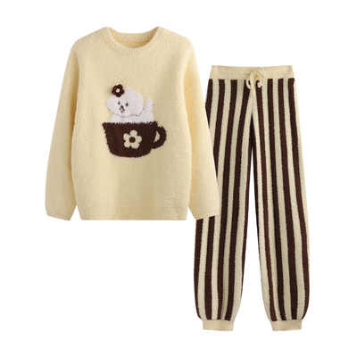 侘町2025新款奶芙小狗冬季睡衣套装女款套头保暖加厚半边绒家居服