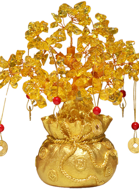 聚宝盆招财黄水晶摇钱树摆件