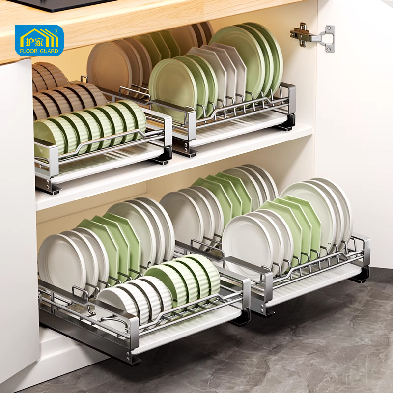 护家碗碟收纳架碗盘拉篮厨房橱柜碗篮抽屉式碗架沥水架抽拉碗碟架