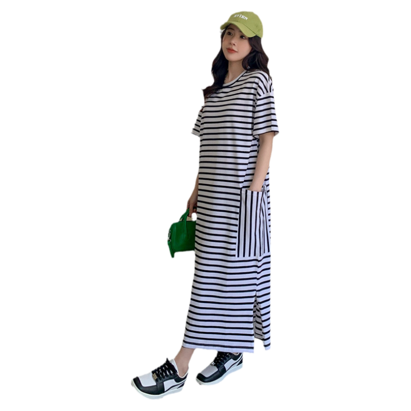 纯棉短袖T恤女条纹连衣裙