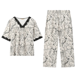 秋鹿纯棉睡衣女士10A抗菌法式绝美蕾丝V领九分裤2026新款家居服