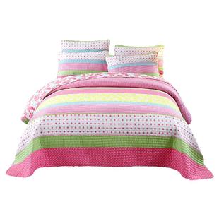 外贸韩式双面纯棉床盖套件女孩房粉色拼布绗缝被夹棉床单四季通用