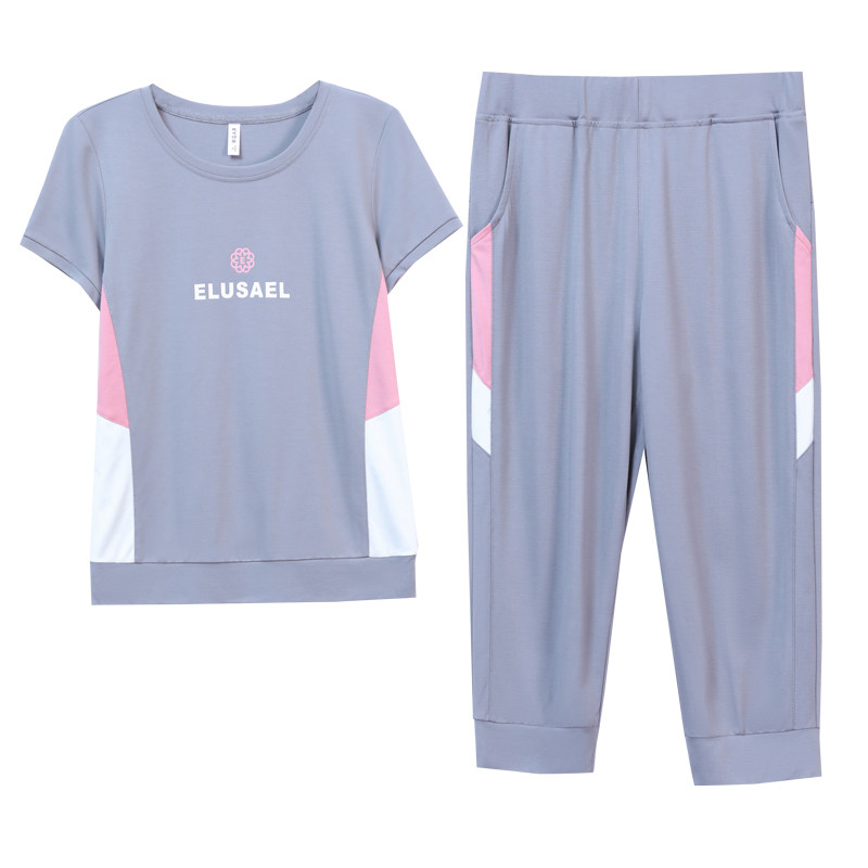休闲运动服套装女2025夏季新款时尚女士大码冰丝短袖七分裤两件套