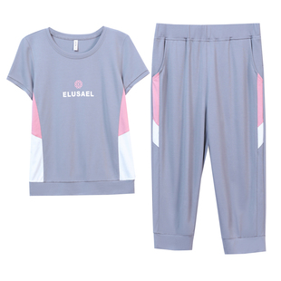 休闲运动服套装女2025夏季新款时尚女士大码冰丝短袖七分裤两件套