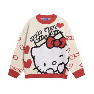 HTTAOSUP美式复古趣味卡通kt猫咪提花针织衫毛衣男女宽松休闲上衣