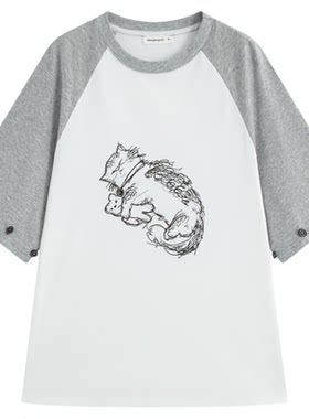 万有引力博物馆 撞色插肩袖小猫印花短袖T恤女夏季新款宽松上衣