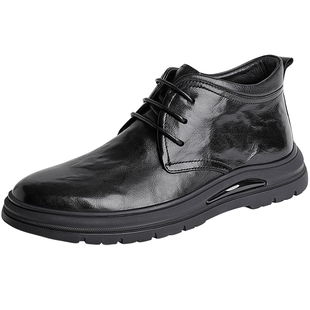 森达复古皮靴男秋冬潮流舒适英伦风时尚皮鞋加绒平底短靴