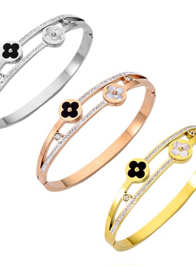 四叶草贝镶钻钛钢开口手镯