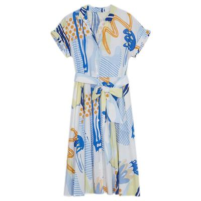 谜底复古花色V领连衣裙短袖2023夏季新款收腰长裙配腰带232ML0641