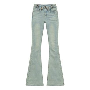 李李服饰浅蓝色弹力字母翻腰微喇牛仔裤女2026春季新款高腰裤