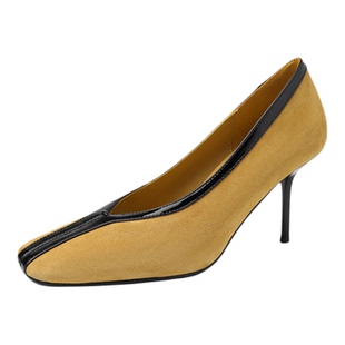 8cm磨砂真皮细跟浅口英伦风小皮鞋女高跟拼色懒人鞋方头黄色单鞋