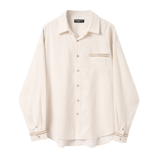 白口阳【塞特艺术】波西米亚花纹撞色织带度假长袖衬衫男女同款夏