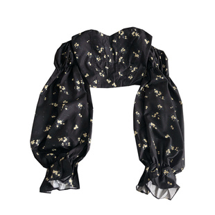 法式甜辣妹一字肩抹胸露锁骨短款秋季甜美风印花喇叭袖衬衫上衣女