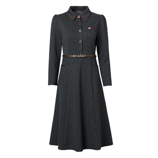 海青蓝 秋冬立领连衣裙2025年长袖时尚气质高级中长款女装裙子