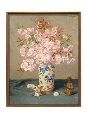 法式中古风樱花静物油画布喷绘挂画餐厅斗橱复古小众艺术装饰画