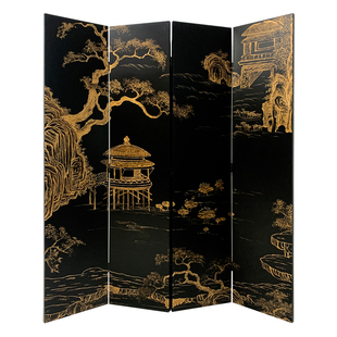 法式中国风手绘漆画中古屏风宋代美学茶室客厅民宿酒店高级感背景