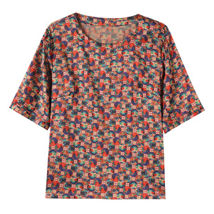 重磅真丝绸缎面t恤女2025夏新款大码短袖高档田园印花桑蚕丝上衣