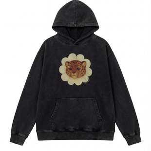 周里物出品「向日葵豹」黑色加绒卫衣女2025秋季新款印花连帽上衣