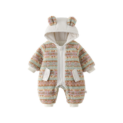 婴幼儿毛绒连体衣外套秋冬新款小宝宝保暖连帽加厚棉服冬装外穿服