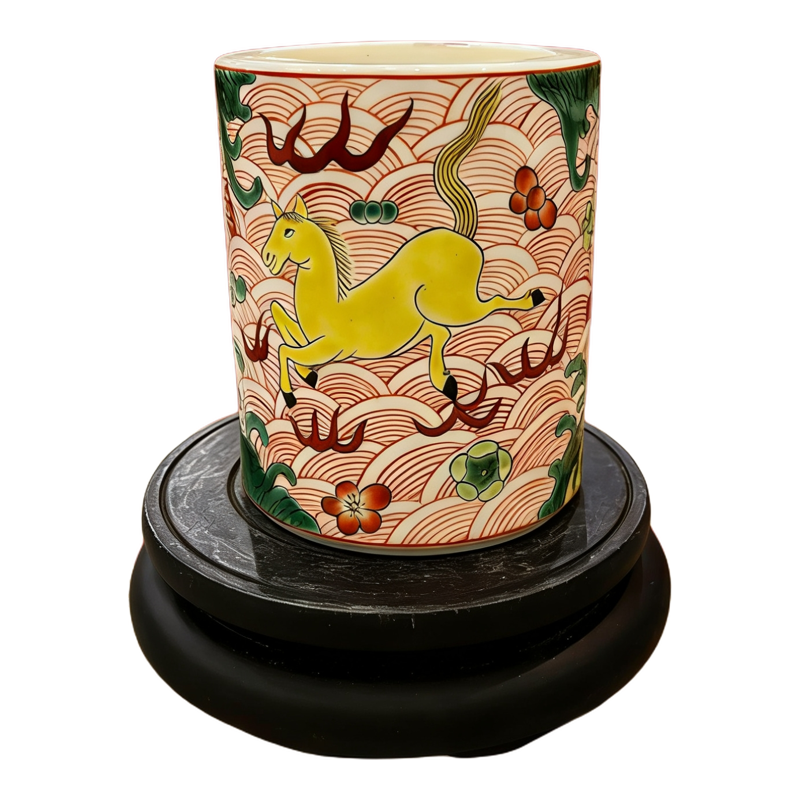笔筒高两河手绘粉彩瓷器骨质瓷马年吉祥毛笔筒收纳蝴蝶兰花盆送礼