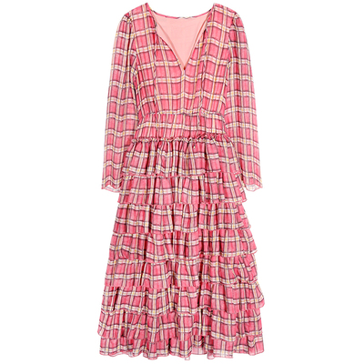 今屿花花长袖雪纺格子连衣裙女