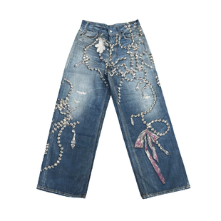 顶版~AC3d印花水晶钻石项链条宽松牛仔裤1981m小熊蝴蝶直筒阔腿裤