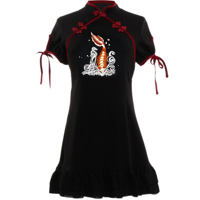 旗袍复古涤纶锦鲤暗黑刺绣