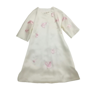 新品 清晰淡雅真丝欧根缎圆领七分袖宽松A字禅服中长款连身裙