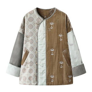 新中式国风棉衣外套2025冬季新品复古提花刺绣撞色丝绒棉服上衣女