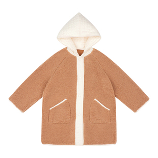 Amybaby女童麂皮绒羊羔毛外套2025新款儿童长款连帽加绒保暖大衣