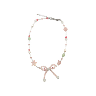 彩色串珠蝴蝶结叠带项链女小众设计少女心花朵珍珠锁骨链春日手作