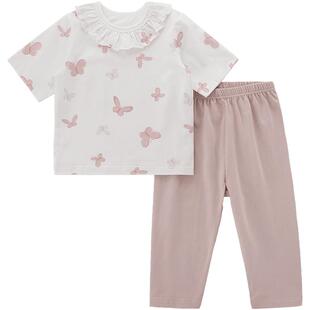 女宝宝家居服夏季女童五分袖薄款套装婴儿甜美花边领衣服儿童睡衣