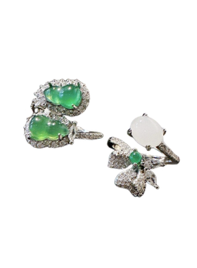 巴西绿玉髓葫芦福禄戒指 古董感 镀18K金 葫芦玛瑙锆石耳环 套装