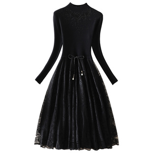 2025秋冬新款高端气质女装长袖系带针织A字裙蕾丝拼接打底连衣裙