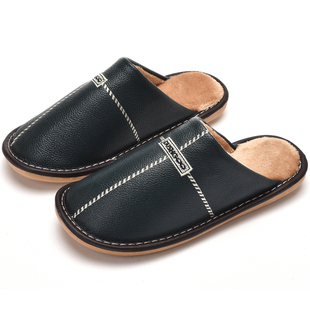 秋冬新款居家用牛皮拖鞋冬季男女家居保暖厚底防滑室内真皮棉拖鞋