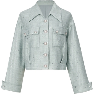 曼德诗浅绿立领宽松外套女2025秋季亮片气质工装OL长袖休闲夹克