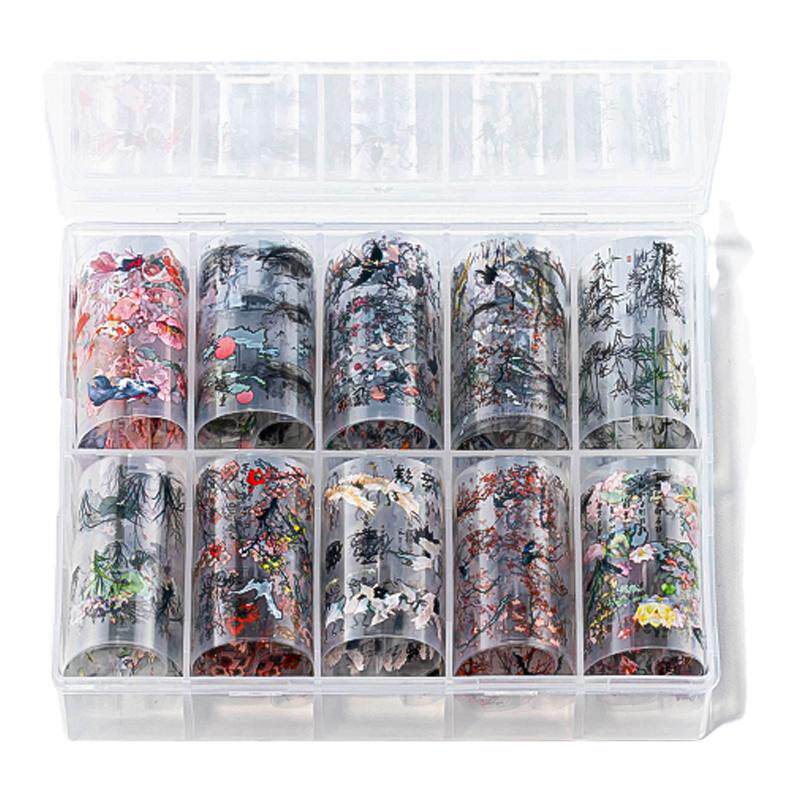 美甲国风转印纸夏季流行雪割草淡雅新中式水墨花草竹丹鹤指甲贴纸