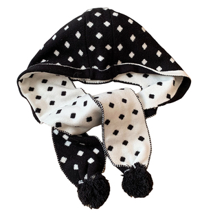 黑白波点双面帽子围巾一体女冬季防寒保暖套头帽针织巴拉克拉法帽