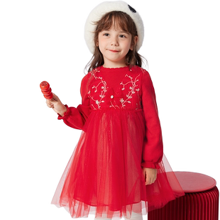 巴拉巴拉女童连衣裙红色拜年服春秋款童装儿童裙子宝宝网纱公主裙