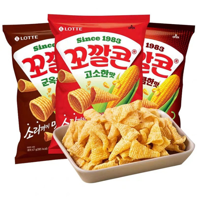 韩国进口Lotte乐天烤玉米辣味脆脆角妙脆角尖角膨化休闲小零食品