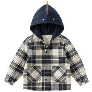 戴维贝拉儿童加绒外套2026男童新款格子连帽开衫男宝A类上衣秋冬