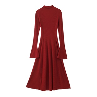 红色内搭长款裙子秋冬季女款修身配大衣打底针织梨形伯克利连衣裙