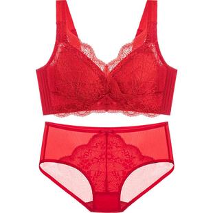 红色内衣女结婚新娘大胸显小薄款无钢圈收副乳调整型本命年文胸罩