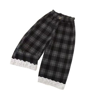 女童加绒加厚格子裤子秋冬季蕾丝宽松方格直筒裤儿童韩版休闲长裤
