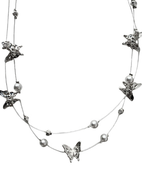 度假风夏日双层叠戴蝴蝶珍珠项链女高级感轻奢小众锁骨链颈链配饰