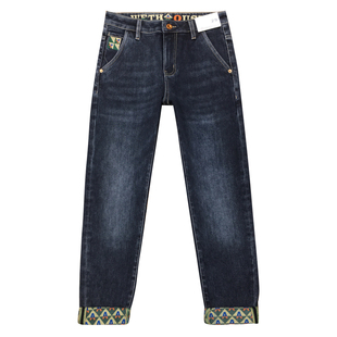 保暖磨毛牛仔裤男抓绒潮流弹力修身小脚九分裤加绒加厚冬季古士狼