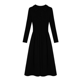 pusumede针织拼接修身连衣裙女翻领收腰气质休闲中长款大摆a字裙